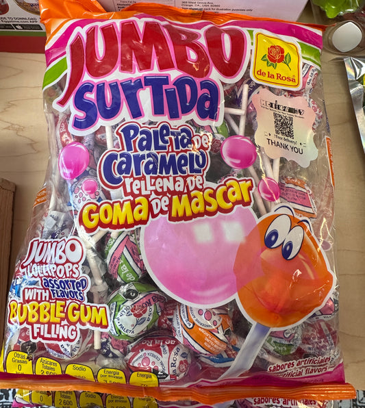 Jumbo Sorted de la Rosa suckers with bubblegum.